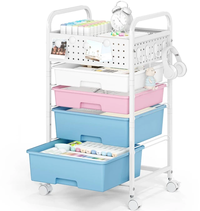 Main image of 4 Drawer Rolling Storage Cart with Pegboard Top and Hooks, Pink&Blue Mobile Organizer Cart with Wheels for Office Supplies, Craft Storage, Classroom Organization, Home Utility Cart
