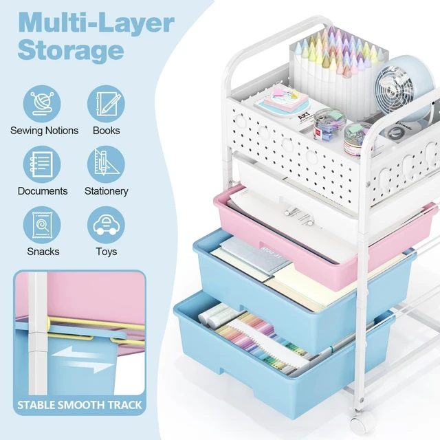 Alt view image 3 of 7 - 4 Drawer Rolling Storage Cart with Pegboard Top and Hooks, Pink&Blue Mobile Organizer Cart with Wheels for Office Supplies, Craft Storage, Classroom Organization, Home Utility Cart