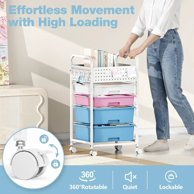 Alt view image 5 of 7 - 4 Drawer Rolling Storage Cart with Pegboard Top and Hooks, Pink&Blue Mobile Organizer Cart with Wheels for Office Supplies, Craft Storage, Classroom Organization, Home Utility Cart