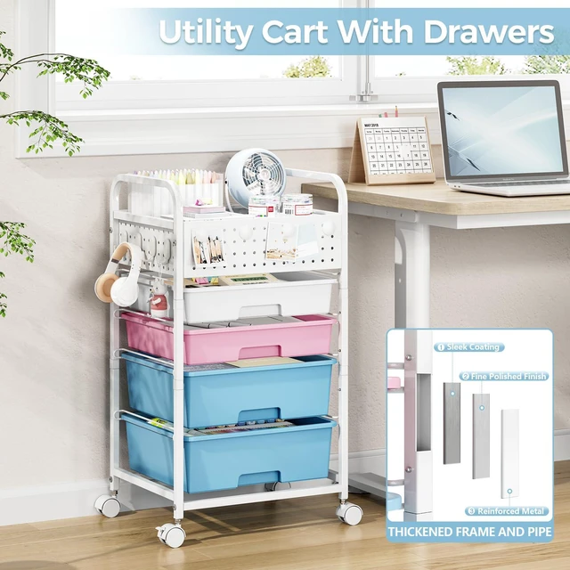 Alt view image 6 of 7 - 4 Drawer Rolling Storage Cart with Pegboard Top and Hooks, Pink&Blue Mobile Organizer Cart with Wheels for Office Supplies, Craft Storage, Classroom Organization, Home Utility Cart