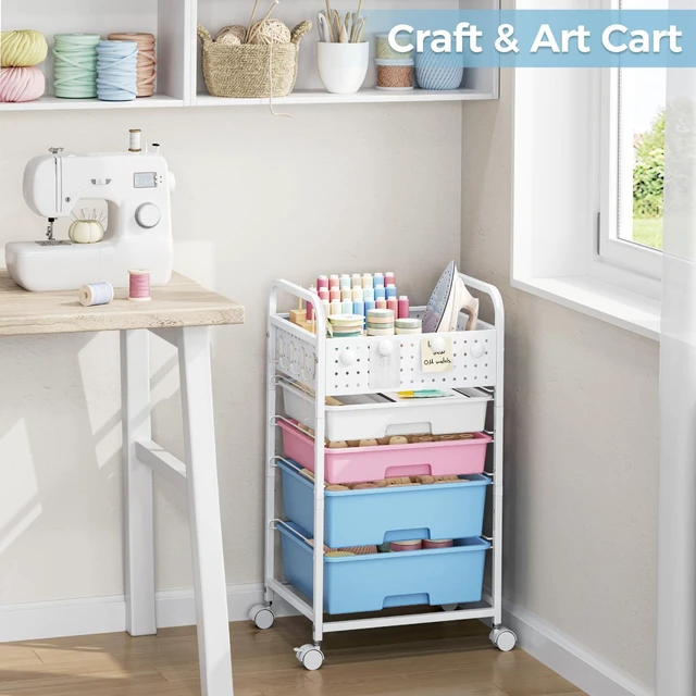 Alt view image 7 of 7 - 4 Drawer Rolling Storage Cart with Pegboard Top and Hooks, Pink&Blue Mobile Organizer Cart with Wheels for Office Supplies, Craft Storage, Classroom Organization, Home Utility Cart