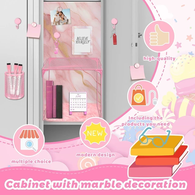 Alt view image 3 of 7 - Pink Locker Accessories Kit Locker Organizer Magnetic Mirror Whiteboard Pen Holder Small Carpet for Storage Organizing Shelf Back to School Party Supply