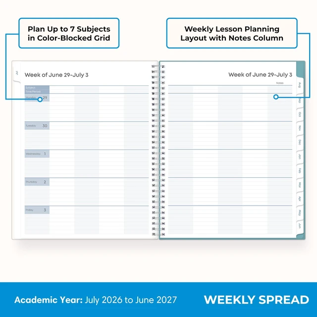 Alt view image 3 of 7 - 2026-2027 Weekly & Monthly Academic Planner, 8.5"x11", Dots July 2026 - June 2027, Clear Pocket Cover, Wirebound, Laminated Tabs, Storage Pocket, Academic Year, Teacher Lesson Planner