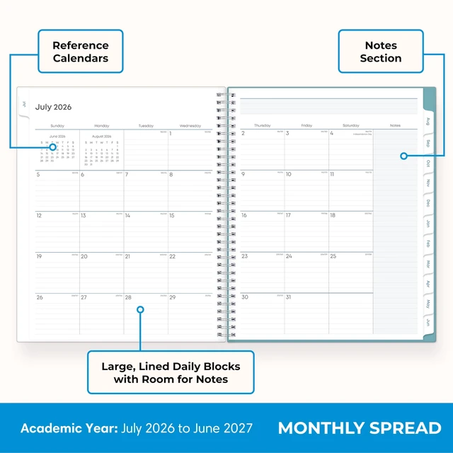 Alt view image 4 of 7 - 2026-2027 Weekly & Monthly Academic Planner, 8.5"x11", Dots July 2026 - June 2027, Clear Pocket Cover, Wirebound, Laminated Tabs, Storage Pocket, Academic Year, Teacher Lesson Planner