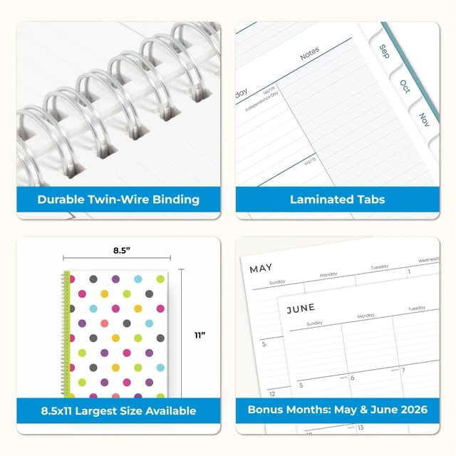 Alt view image 7 of 7 - 2026-2027 Weekly & Monthly Academic Planner, 8.5"x11", Dots July 2026 - June 2027, Clear Pocket Cover, Wirebound, Laminated Tabs, Storage Pocket, Academic Year, Teacher Lesson Planner