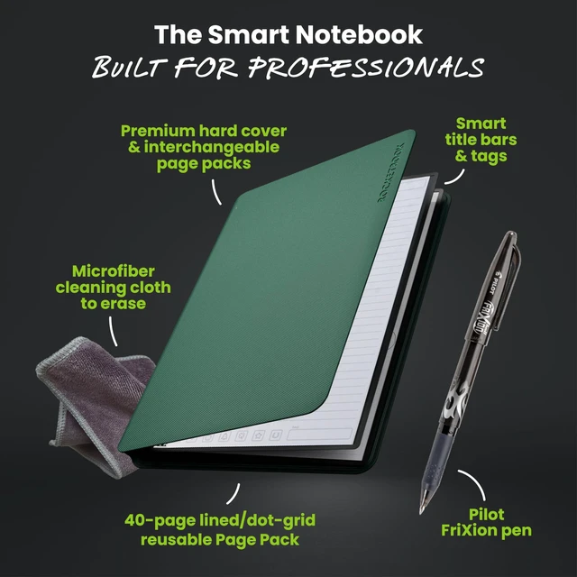Alt view image 3 of 7 - Pro Smart Reusable Notebook, Letter 8.5x11, Green Lined and Dotted Interchangeable Pages, For Work and Business Meetings