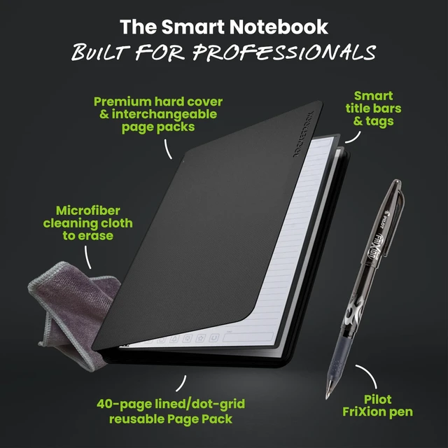 Alt view image 3 of 7 - Pro Smart Reusable Notebook, Letter 8.5x11, Black Lined and Dotted Interchangeable Pages, For Work and Business Meetings