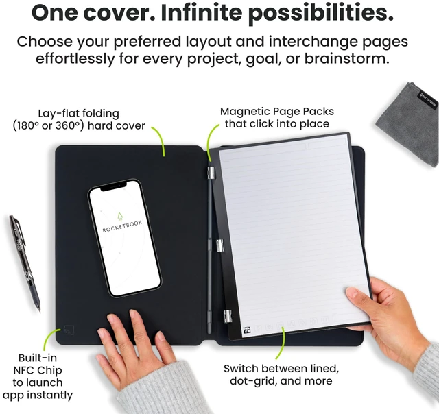 Alt view image 6 of 7 - Pro Smart Reusable Notebook, Letter 8.5x11, Black Lined and Dotted Interchangeable Pages, For Work and Business Meetings