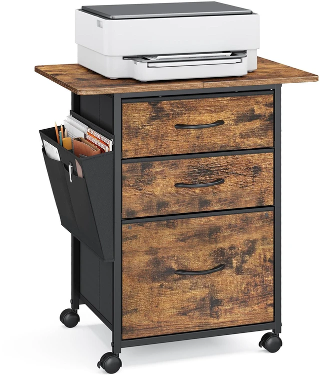Main image of 3-Drawer File Cabinet, Mobile Printer Stand with Storage Filing Cabinet for A4 Letter Size, Side Pockets, 23.6 x 15.7 x 26.8 Inch, Rustic Brown, BELLAH Collection UOFC201KD01
