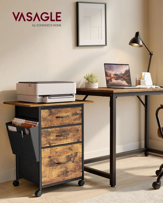 Alt view image 2 of 6 - 3-Drawer File Cabinet, Mobile Printer Stand with Storage Filing Cabinet for A4 Letter Size, Side Pockets, 23.6 x 15.7 x 26.8 Inch, Rustic Brown, BELLAH Collection UOFC201KD01