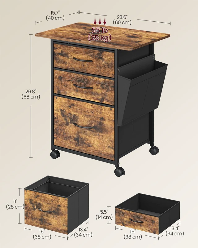 Alt view image 3 of 6 - 3-Drawer File Cabinet, Mobile Printer Stand with Storage Filing Cabinet for A4 Letter Size, Side Pockets, 23.6 x 15.7 x 26.8 Inch, Rustic Brown, BELLAH Collection UOFC201KD01