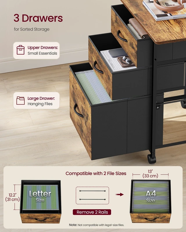 Alt view image 4 of 6 - 3-Drawer File Cabinet, Mobile Printer Stand with Storage Filing Cabinet for A4 Letter Size, Side Pockets, 23.6 x 15.7 x 26.8 Inch, Rustic Brown, BELLAH Collection UOFC201KD01