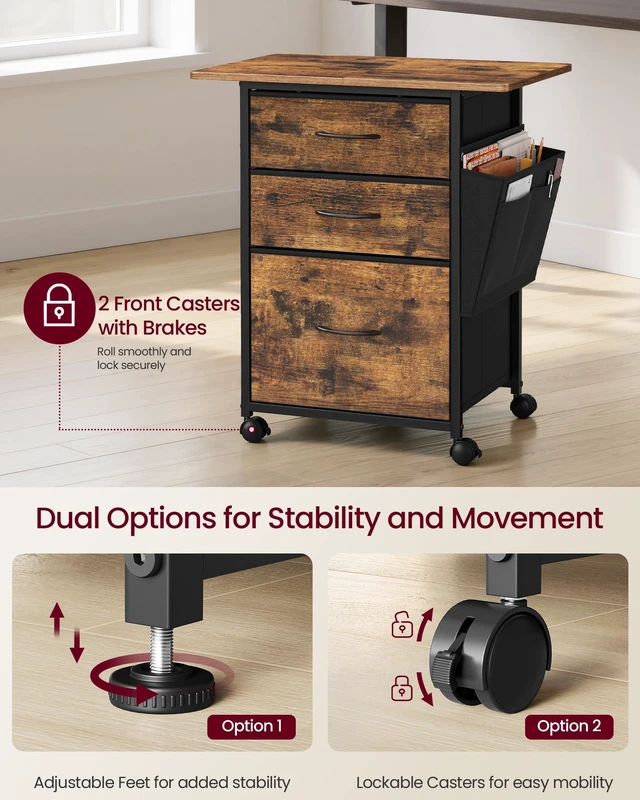 Alt view image 6 of 6 - 3-Drawer File Cabinet, Mobile Printer Stand with Storage Filing Cabinet for A4 Letter Size, Side Pockets, 23.6 x 15.7 x 26.8 Inch, Rustic Brown, BELLAH Collection UOFC201KD01