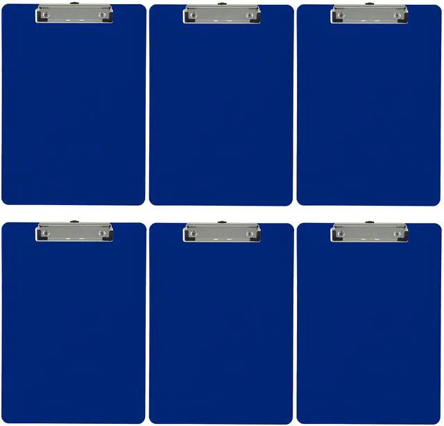 Main image of Dark Blue Plastic Clipboards Letter Size Low Profile (6-Pack) Holds 80 to 100 sheets with rubberized grip corners, plus a retractable hanging loop that folds flat when not needed