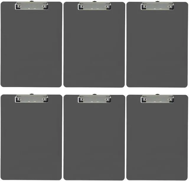 Main image of Gray Plastic Clipboards Letter Size Low Profile (6-Pack) Holds 80 to 100 sheets with rubberized grip corners, plus a retractable hanging loop that folds flat when not needed