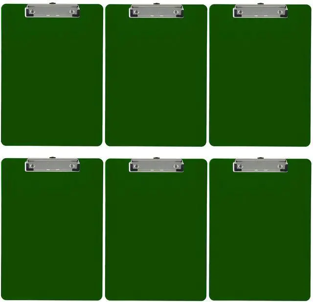 Main image of Dark Green Plastic Clipboards Letter Size Low Profile (6-Pack) Holds 80 to 100 sheets with rubberized grip corners, plus a retractable hanging loop that folds flat when not needed