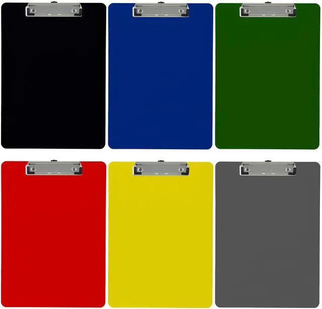 Main image of Plastic Clipboards Letter Size Low Profile 6-Pack (Assorted 3) Color code by person, department or shift; holds 80 to 100 sheets with rubberized grip corners and a hanging loop