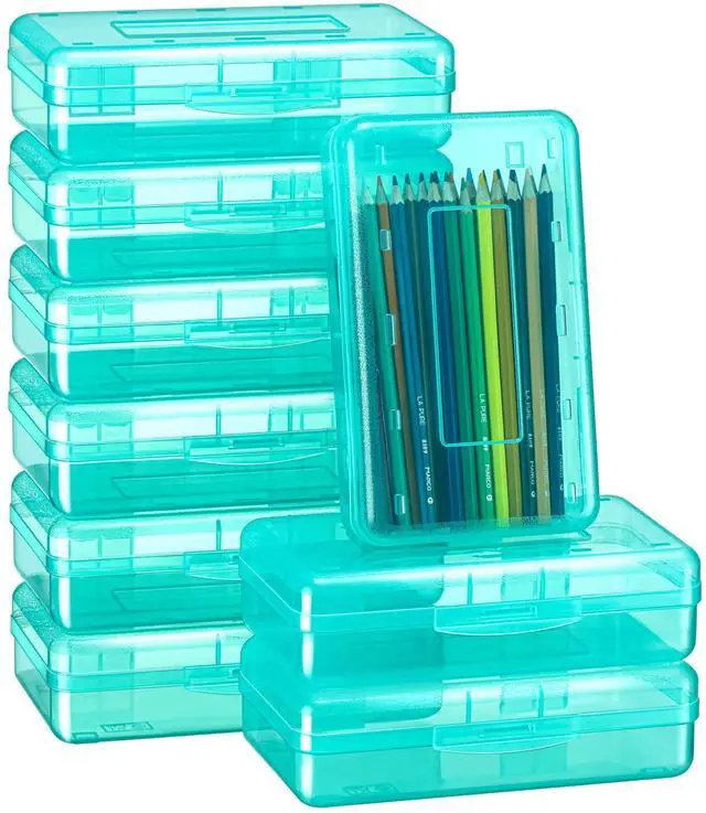 Main image of 24 Pack Clear Plastic Pencil Box, Cyan Stackable Organizer for School Supplies, Large Case for Crayons Markers, Snap-lid Keeps Stationery Secure, Bulk Set