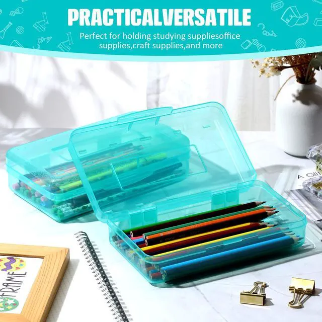 Alt view image 3 of 6 - 24 Pack Clear Plastic Pencil Box, Cyan Stackable Organizer for School Supplies, Large Case for Crayons Markers, Snap-lid Keeps Stationery Secure, Bulk Set