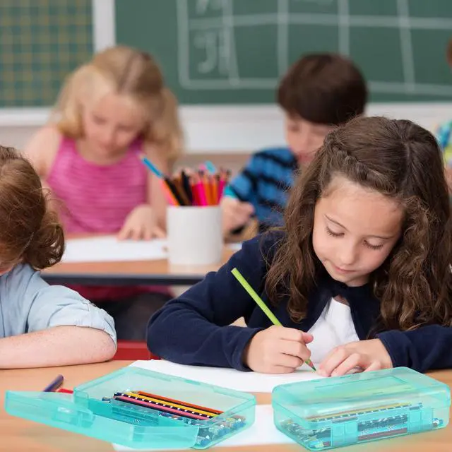 Alt view image 6 of 6 - 24 Pack Clear Plastic Pencil Box, Cyan Stackable Organizer for School Supplies, Large Case for Crayons Markers, Snap-lid Keeps Stationery Secure, Bulk Set