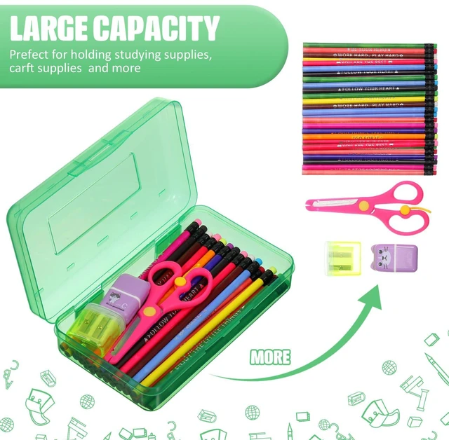 Alt view image 3 of 7 - 24 Pack Clear Plastic Pencil Box, Red, Blue, Green Stackable Organizer for School Supplies, Large Case for Crayons Markers, Snap-lid Keeps Stationery Secure, Bulk Set