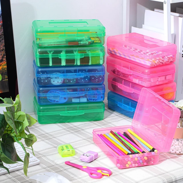 Alt view image 4 of 7 - 24 Pack Clear Plastic Pencil Box, Red, Blue, Green Stackable Organizer for School Supplies, Large Case for Crayons Markers, Snap-lid Keeps Stationery Secure, Bulk Set