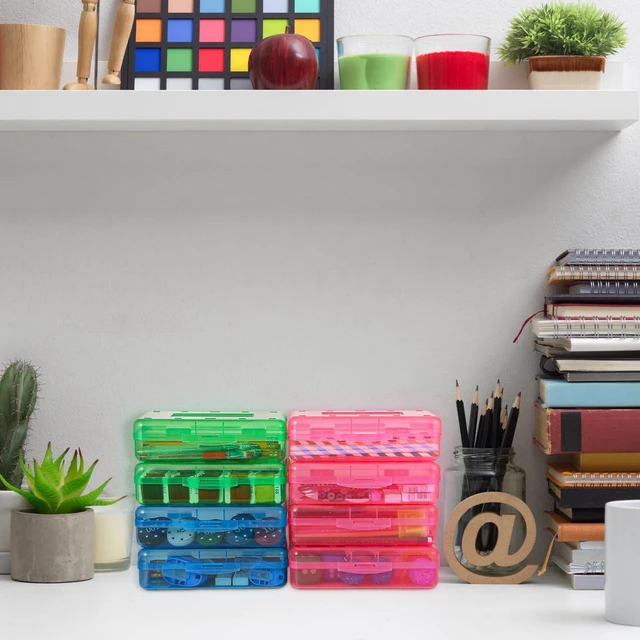 Alt view image 5 of 7 - 24 Pack Clear Plastic Pencil Box, Red, Blue, Green Stackable Organizer for School Supplies, Large Case for Crayons Markers, Snap-lid Keeps Stationery Secure, Bulk Set