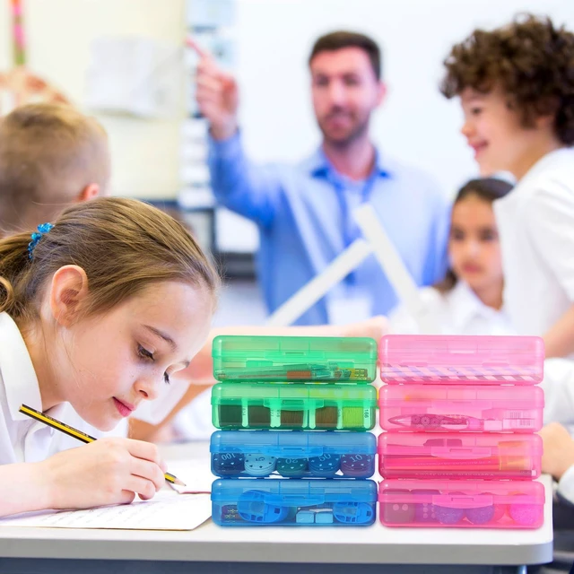 Alt view image 6 of 7 - 24 Pack Clear Plastic Pencil Box, Red, Blue, Green Stackable Organizer for School Supplies, Large Case for Crayons Markers, Snap-lid Keeps Stationery Secure, Bulk Set