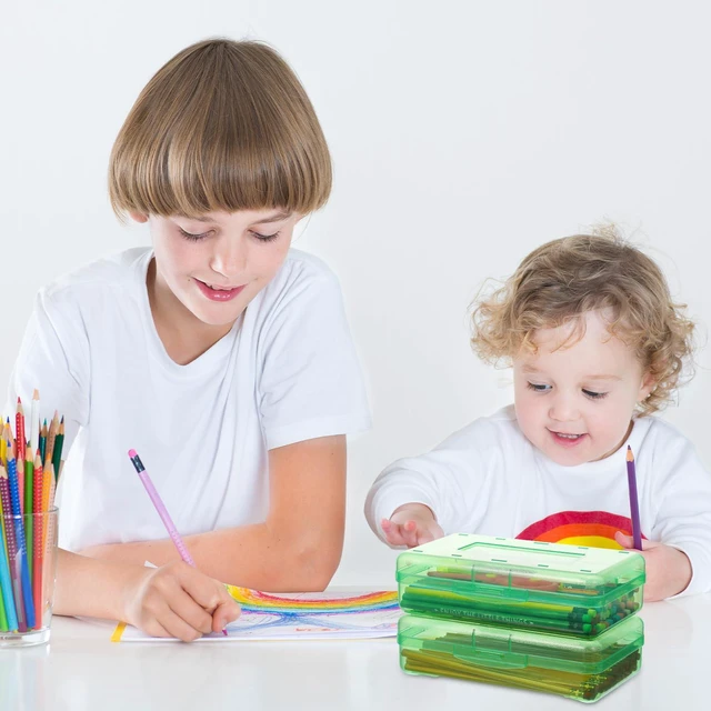 Alt view image 7 of 7 - 24 Pack Clear Plastic Pencil Box, Red, Blue, Green Stackable Organizer for School Supplies, Large Case for Crayons Markers, Snap-lid Keeps Stationery Secure, Bulk Set