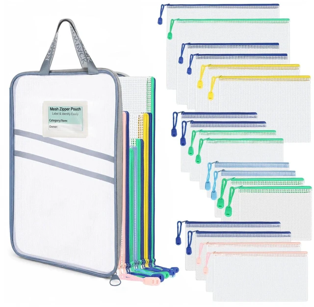 Main image of 18-Pack Mesh Zipper Pouch Set with 1 Organizer Bag, 19pcs A4 A5 A6 Bill B6 Translucent PVC Pouches for Multi-Size Categorized Storage Receipts Cards Projects Office and Travel
