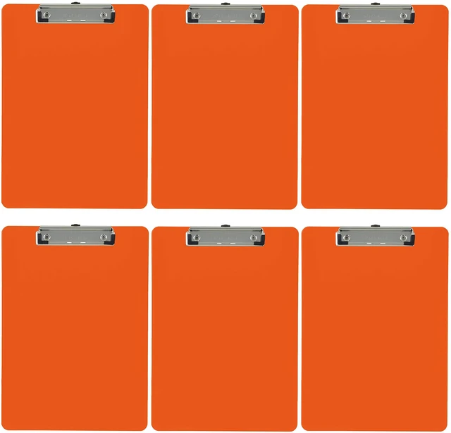 Main image of Orange Plastic Clipboards Letter Size Low Profile (6-Pack) Holds 80 to 100 sheets with rubberized grip corners, plus a retractable hanging loop that folds flat when not needed