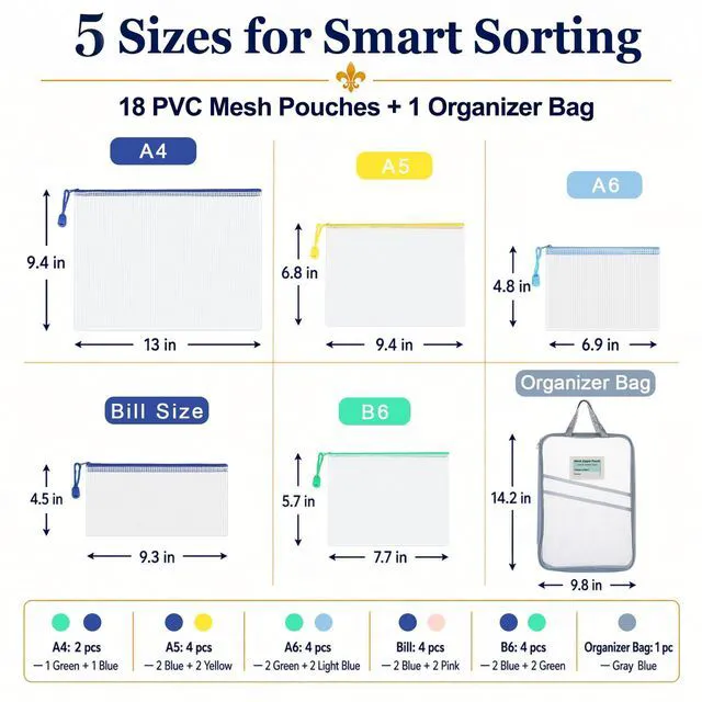 Alt view image 2 of 7 - 18-Pack Mesh Zipper Pouch Set with 1 Organizer Bag, 19pcs A4 A5 A6 Bill B6 Translucent PVC Pouches for Multi-Size Categorized Storage Receipts Cards Projects Office and Travel