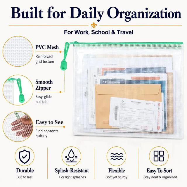 Alt view image 5 of 7 - 18-Pack Mesh Zipper Pouch Set with 1 Organizer Bag, 19pcs A4 A5 A6 Bill B6 Translucent PVC Pouches for Multi-Size Categorized Storage Receipts Cards Projects Office and Travel