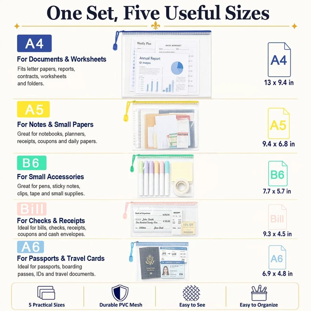 Alt view image 4 of 7 - 18-Pack Mesh Zipper Pouch Set with 1 Organizer Bag, 19pcs A4 A5 A6 Bill B6 Translucent PVC Pouches for Multi-Size Categorized Storage Receipts Cards Projects Office and Travel