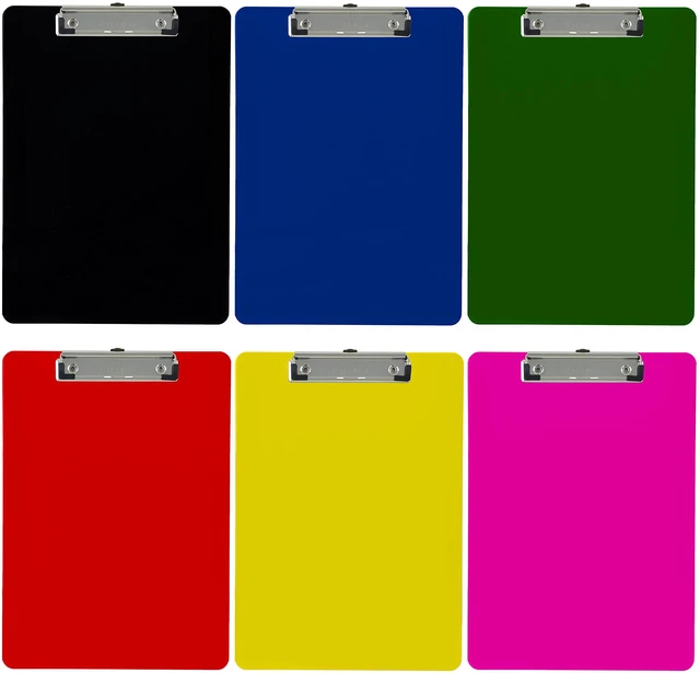 Main image of Assorted Plastic Clipboards Letter Size Low Profile (6-Pack) Color code by person, department or shift; holds 80 to 100 sheets with rubberized grip corners and a hanging loop