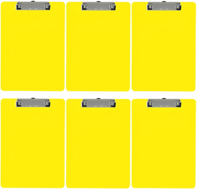 Main image of Yellow Plastic Clipboards Letter Size Low Profile (6-Pack) Holds 80 to 100 sheets with rubberized grip corners, plus a retractable hanging loop that folds flat when not needed