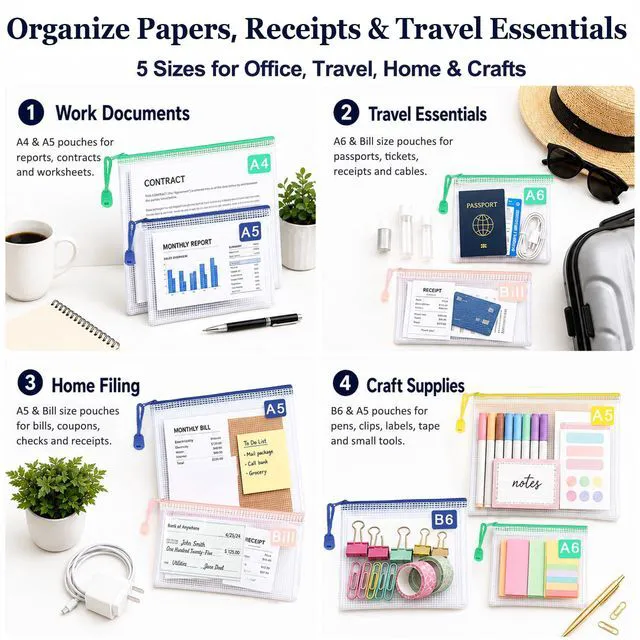 Alt view image 6 of 7 - 18-Pack Mesh Zipper Pouch Set with 1 Organizer Bag, 19pcs A4 A5 A6 Bill B6 Translucent PVC Pouches for Multi-Size Categorized Storage Receipts Cards Projects Office and Travel