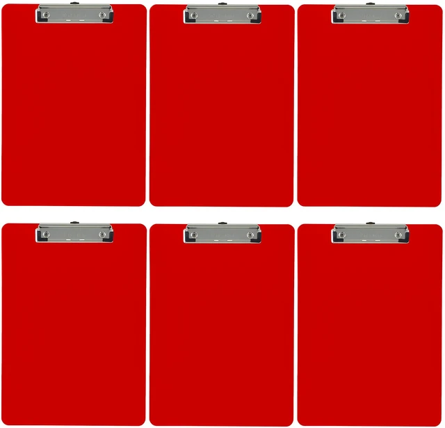 Main image of Red Plastic Clipboards Letter Size Low Profile (6-Pack) Holds 80 to 100 sheets with rubberized grip corners, plus a retractable hanging loop that folds flat when not needed