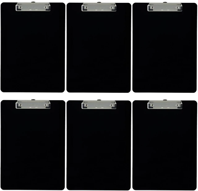 Main image of Black Plastic Clipboards Letter Size Low Profile (6-Pack) Holds 80 to 100 sheets with rubberized grip corners, plus a retractable hanging loop that folds flat when not needed