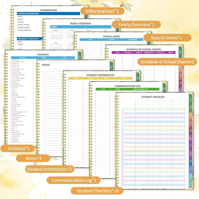 Alt view image 3 of 6 - Teacher Planner 2026-2027, 14 Checklists 8.5"x11" Lesson Plan Book Jul 2026-Jun 2027 Academic Year, Teacher Calendar Agenda with Spiral Hardcover & Gold Corners for Class Homeschool, Orange