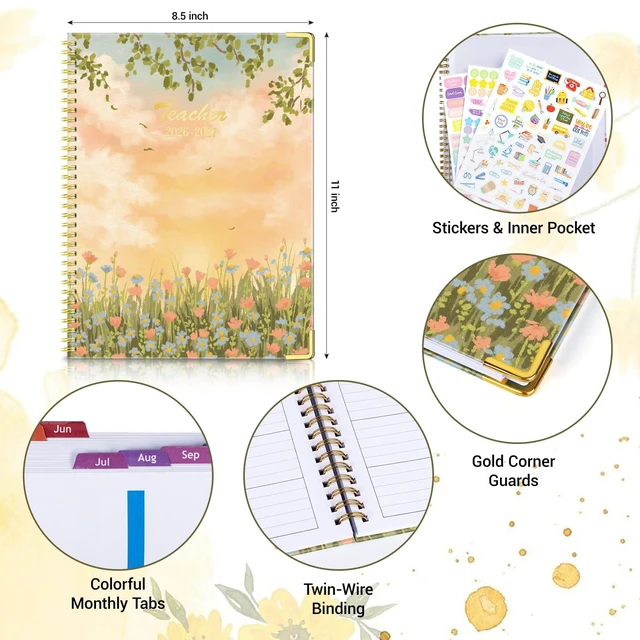 Alt view image 2 of 6 - Teacher Planner 2026-2027, 14 Checklists 8.5"x11" Lesson Plan Book Jul 2026-Jun 2027 Academic Year, Teacher Calendar Agenda with Spiral Hardcover & Gold Corners for Class Homeschool, Orange