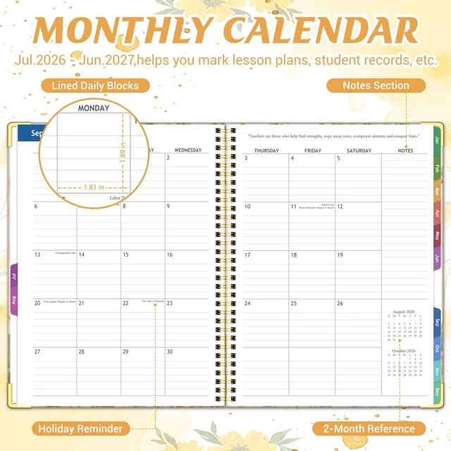 Alt view image 4 of 6 - Teacher Planner 2026-2027, 14 Checklists 8.5"x11" Lesson Plan Book Jul 2026-Jun 2027 Academic Year, Teacher Calendar Agenda with Spiral Hardcover & Gold Corners for Class Homeschool, Orange