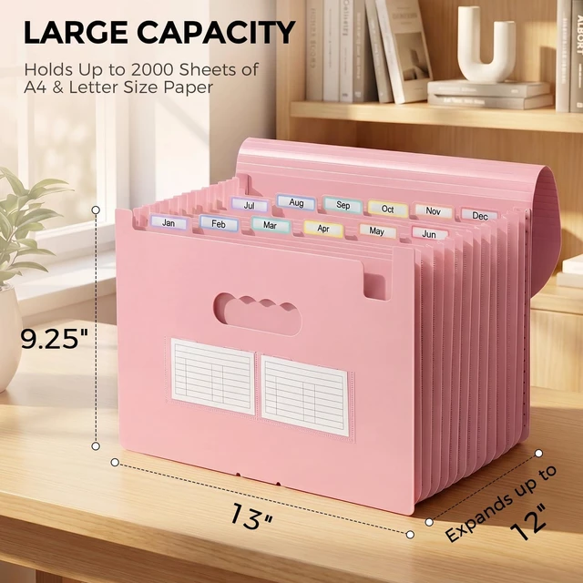 Alt view image 5 of 7 - Accordion File Organizer, Expanding File Folder with 13 Pockets, Portable Document Paper Bill Receipt Organizer, Home School Pink Office Supplies, Letter A4 Size