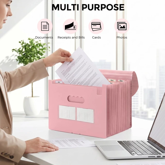 Alt view image 6 of 7 - Accordion File Organizer, Expanding File Folder with 13 Pockets, Portable Document Paper Bill Receipt Organizer, Home School Pink Office Supplies, Letter A4 Size