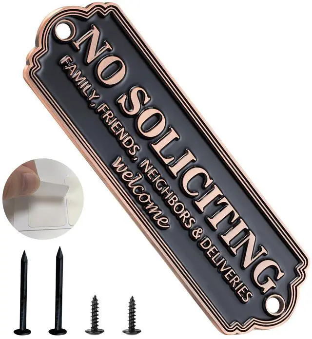 Main image of Brass No Soliciting Sign - Elegant No Soliciting Sign for House, Handmade Wall Plaque for Home & Office, Traditional Door Decor for House, Business, Front Porch - Easy to Install (Brass color)
