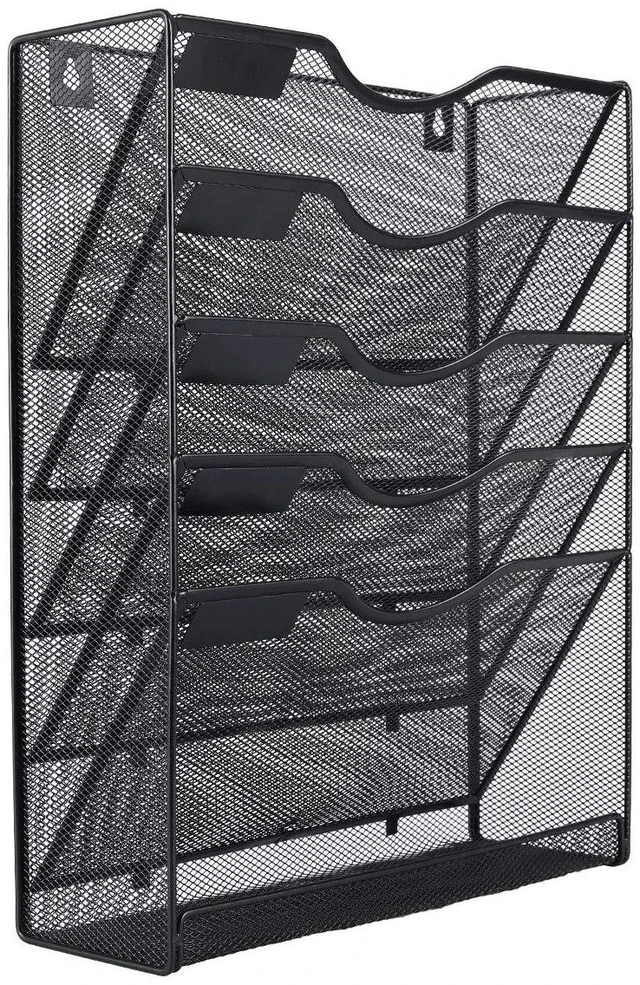 Alt view image 2 of 7 - 5 Tier Wall File Holder Mesh Hanging Folder Organizer with Classify Label, Versatile Desk File Holder, Vertical Wall Mounted Mail Organizer for Office Home Cubicle, Black, Closed Sides