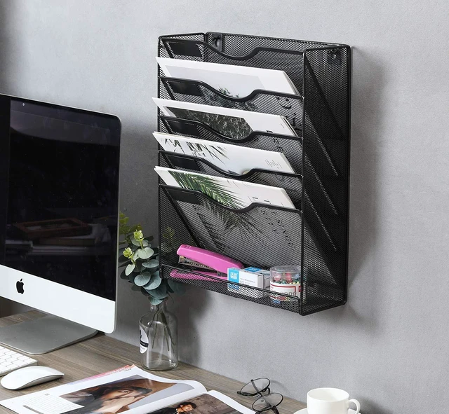 Alt view image 4 of 7 - 5 Tier Wall File Holder Mesh Hanging Folder Organizer with Classify Label, Versatile Desk File Holder, Vertical Wall Mounted Mail Organizer for Office Home Cubicle, Black, Closed Sides