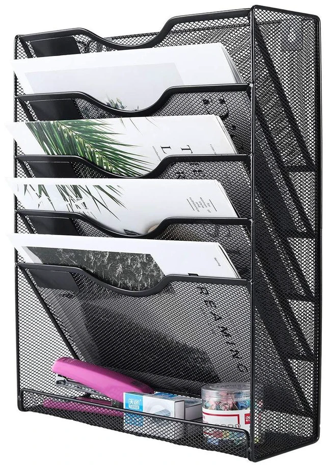 Alt view image 3 of 7 - 5 Tier Wall File Holder Mesh Hanging Folder Organizer with Classify Label, Versatile Desk File Holder, Vertical Wall Mounted Mail Organizer for Office Home Cubicle, Black, Closed Sides
