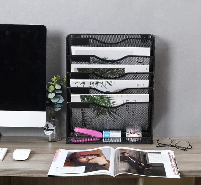 Alt view image 5 of 7 - 5 Tier Wall File Holder Mesh Hanging Folder Organizer with Classify Label, Versatile Desk File Holder, Vertical Wall Mounted Mail Organizer for Office Home Cubicle, Black, Closed Sides