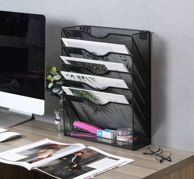 Alt view image 6 of 7 - 5 Tier Wall File Holder Mesh Hanging Folder Organizer with Classify Label, Versatile Desk File Holder, Vertical Wall Mounted Mail Organizer for Office Home Cubicle, Black, Closed Sides